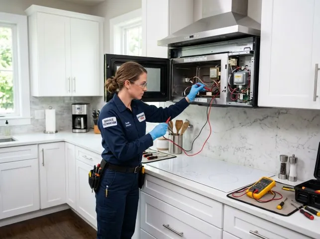 Appliance Repair Hero technician testing an over-the-range microwave in a Afton, TN kitchen